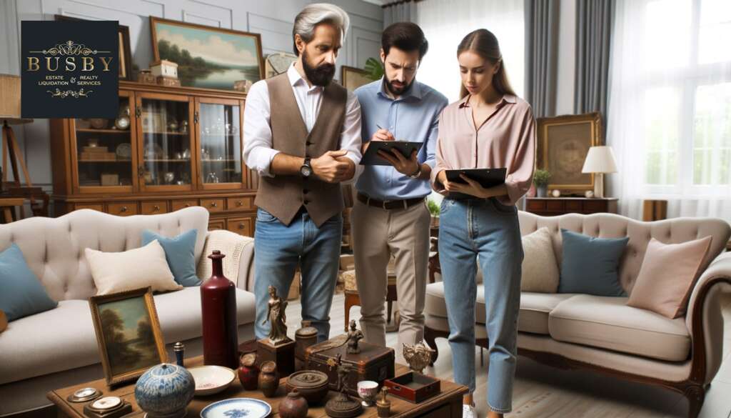 Photo-of-two-homeowners-of-various-descents-standing-in-their-living-room,-working-closely-with-professional-appraisers.-They-are-examining-various-items