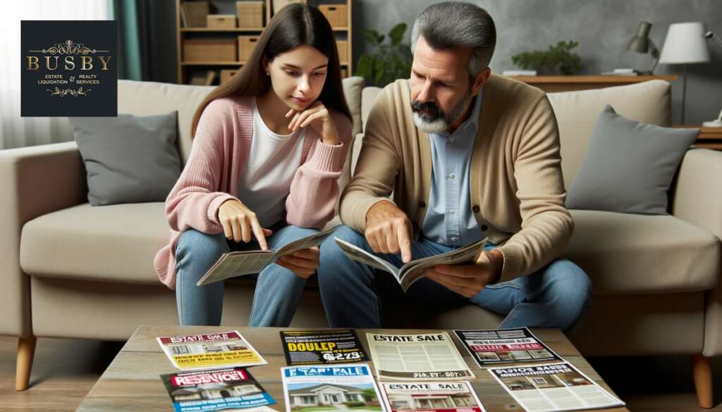 Choosing the Right Estate Sale Company - Photo of two homeowners of varying descents sitting in their living room, carefully reviewing and comparing brochures and flyers from different estate