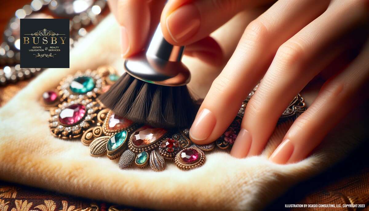 A close-up detailed image of hands gently cleaning a piece of costume jewelry with a soft brush. The jewelry, sparkling with vibrant colors Image by Ocasio COnsulting Copyright 2023