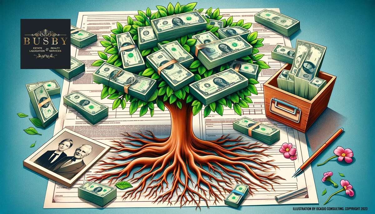 Illustration of a vibrant tree with money for leaves growing out of a family tree, portraying 'Estate Buyouts' as a fruitful solution for heirs.png