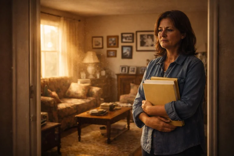 Woman holding documents in her late parents’ Florida home, standing in sunlit living room while preparing to sell inherited property.
