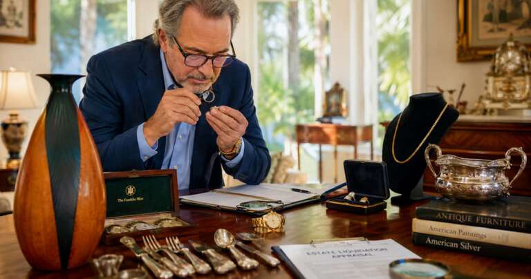 Estate liquidator appraising valuable items including jewelry, coins, and antique furniture in a Central Florida home