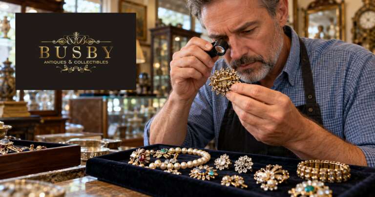 Oviedo based Antiques dealer examining a signed vintage brooch to identify valuable vintage costume jewelry