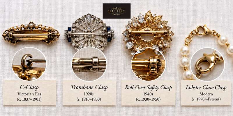 Side by side comparison of vintage jewelry clasp types used to date costume jewelry piece
