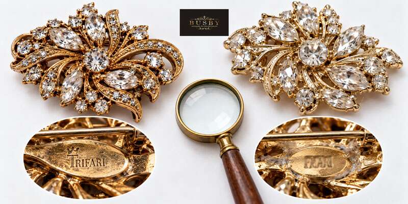 Comparison of authentic vintage costume jewelry brooch next to a modern reproduction